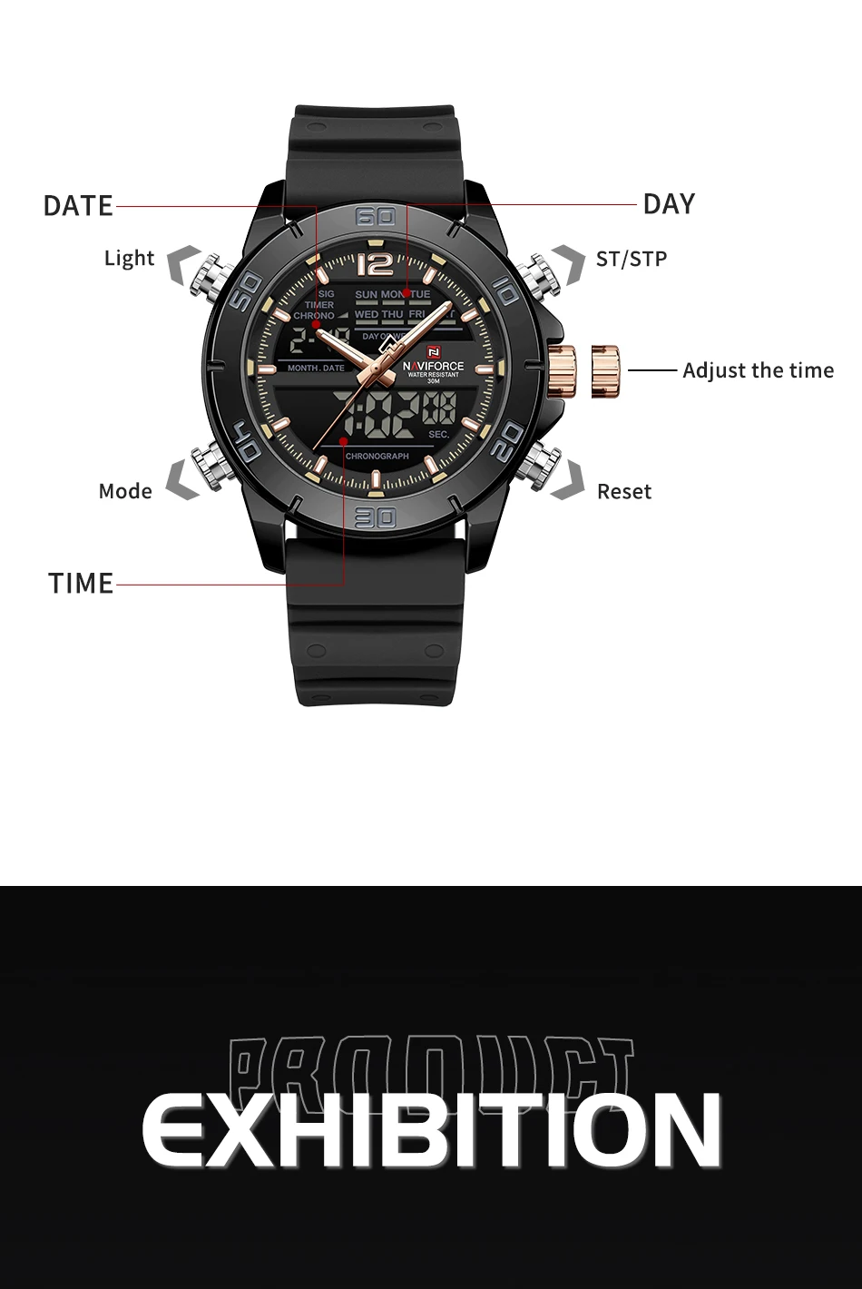 ساعة NAVIFORCE NF9253T Design للرجال مقاومة للماء بحزام سيليكا ناعم كرونوغراف ليوم وتاريخ ساعة يد كوارتز عصرية