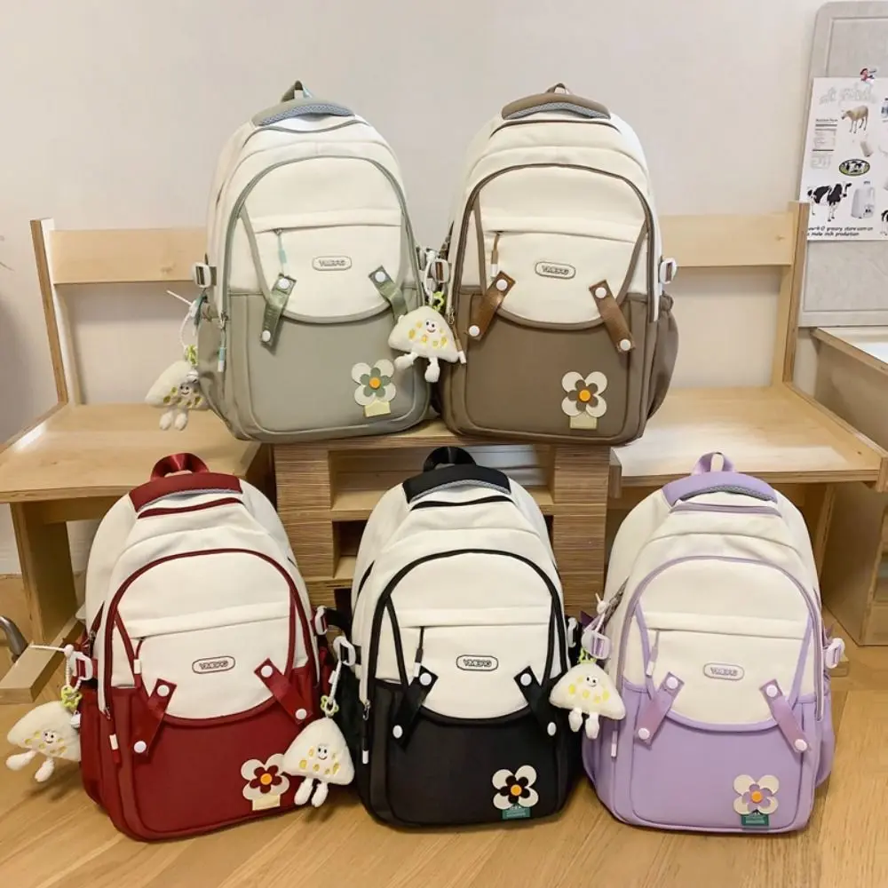 

Cute Flower Backpack Letter Contrasting Color Schoolbag Large Capacity with Cartoon Pendant Daypack