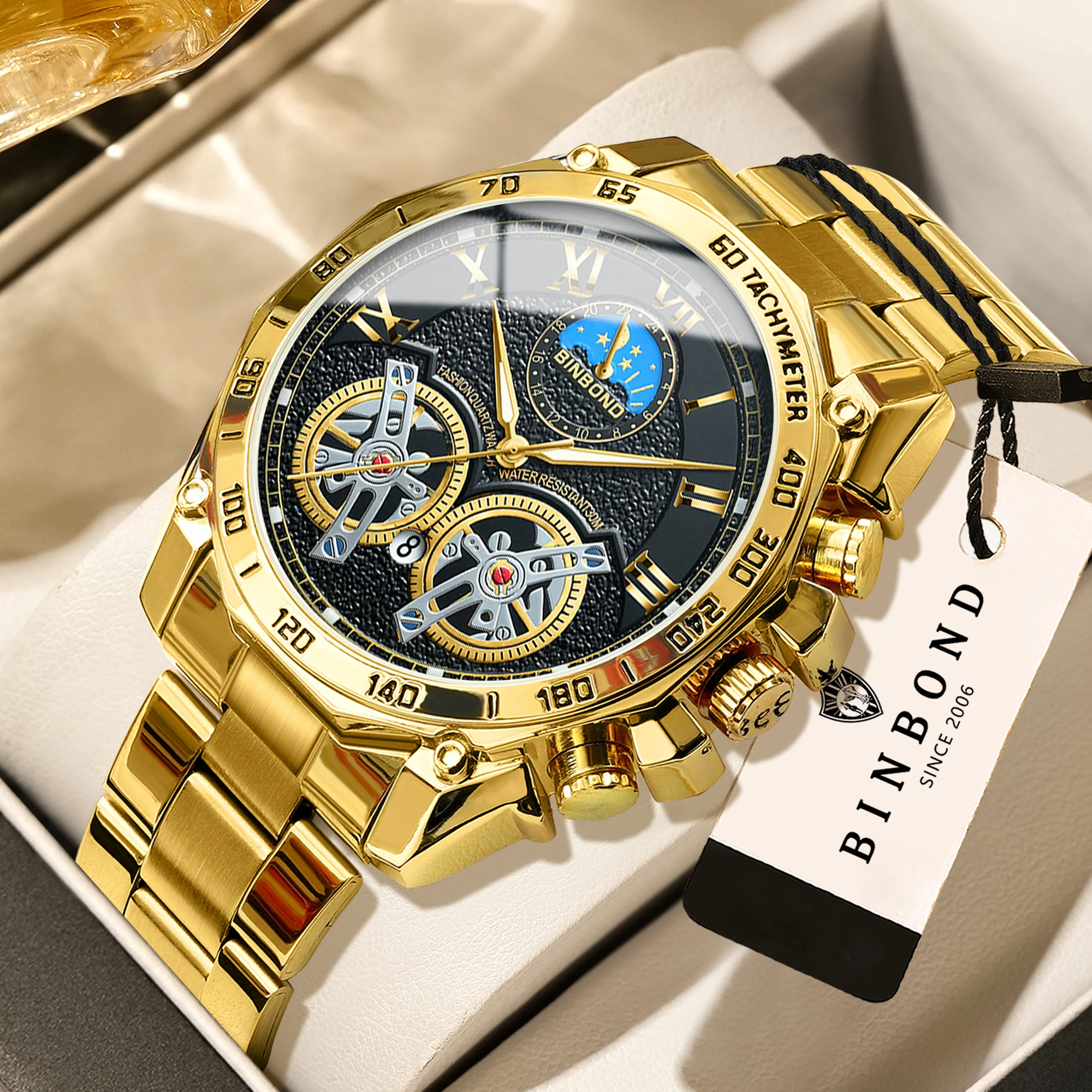 

BINBOND Stainless Steel Luminous Quartz Watches For Men Luxury Waterproof Accurate Auto Date men's Watch Sturdy Casual Reloj