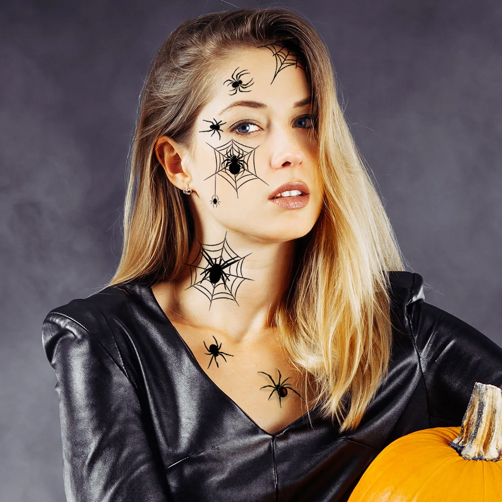 Tatouages temporaires en toile d'araignée d'Halloween - Autocollants d'art corporel gothique noir avec motif d'araignée pour fête