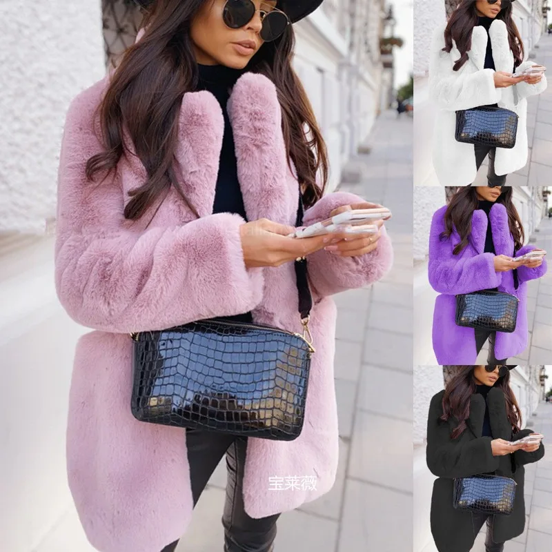 Fashion Long Lapel Fake Fur Coat Women Winter Warm Long Faux Fur Coats Solid Color Jackets Overcoat Outerwear