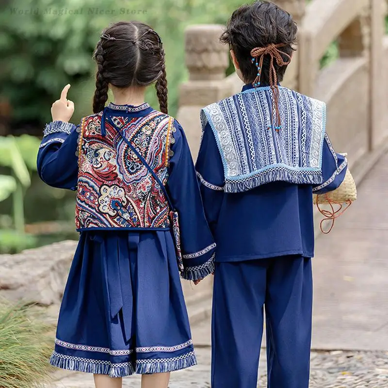 Children's Ethnic Minority Clothing for Boys Girls Hanfu Zhuang Dai Miao Yi Ethnic Style Performance Costumes Retro Tang Suit