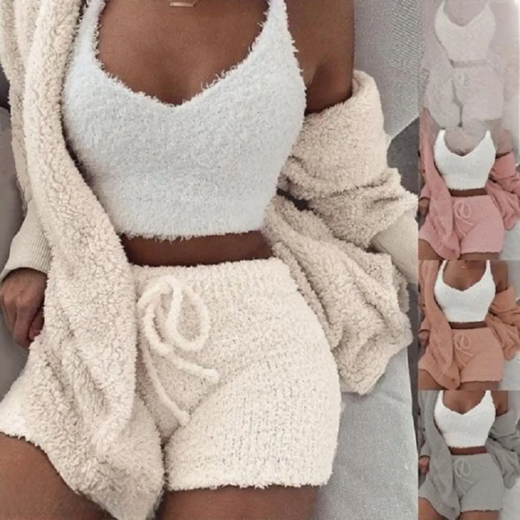 

Женский зимний плюшевый пижамный комплект, повседневный жилет из трех предметов с длинными рукавами и пупком, шорты, домашняя одежда в европейском и американском стиле