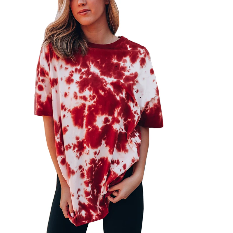 Summer Loose Oversize Crew Neck T-shirt Female Y2K Tie-dyed Red Basic Pullover T-shirt Fashion Streetwear