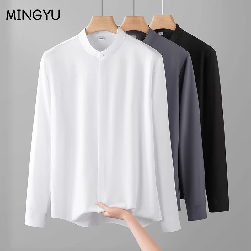 MINGYU Brand Men's Shirt Autumn Lightweight Fashion Korean Version Slims Smooths Silhouette Non-iron Business Ice Silk Sleeve
