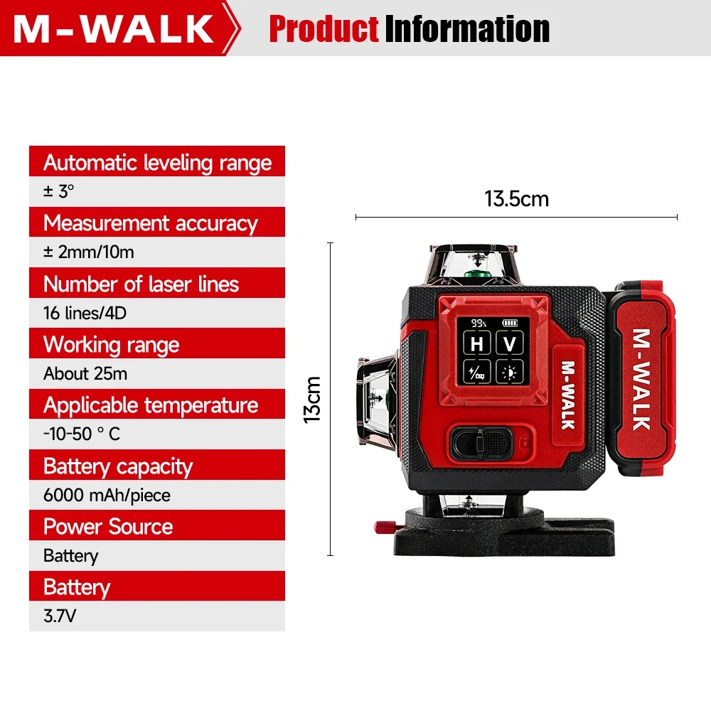 M-WALK Laser Level 16 Lines 4D Horizontal And Vertical Outdoor Self Leveling Green High-precision For Milwaukee 3.7V Battery Pin
