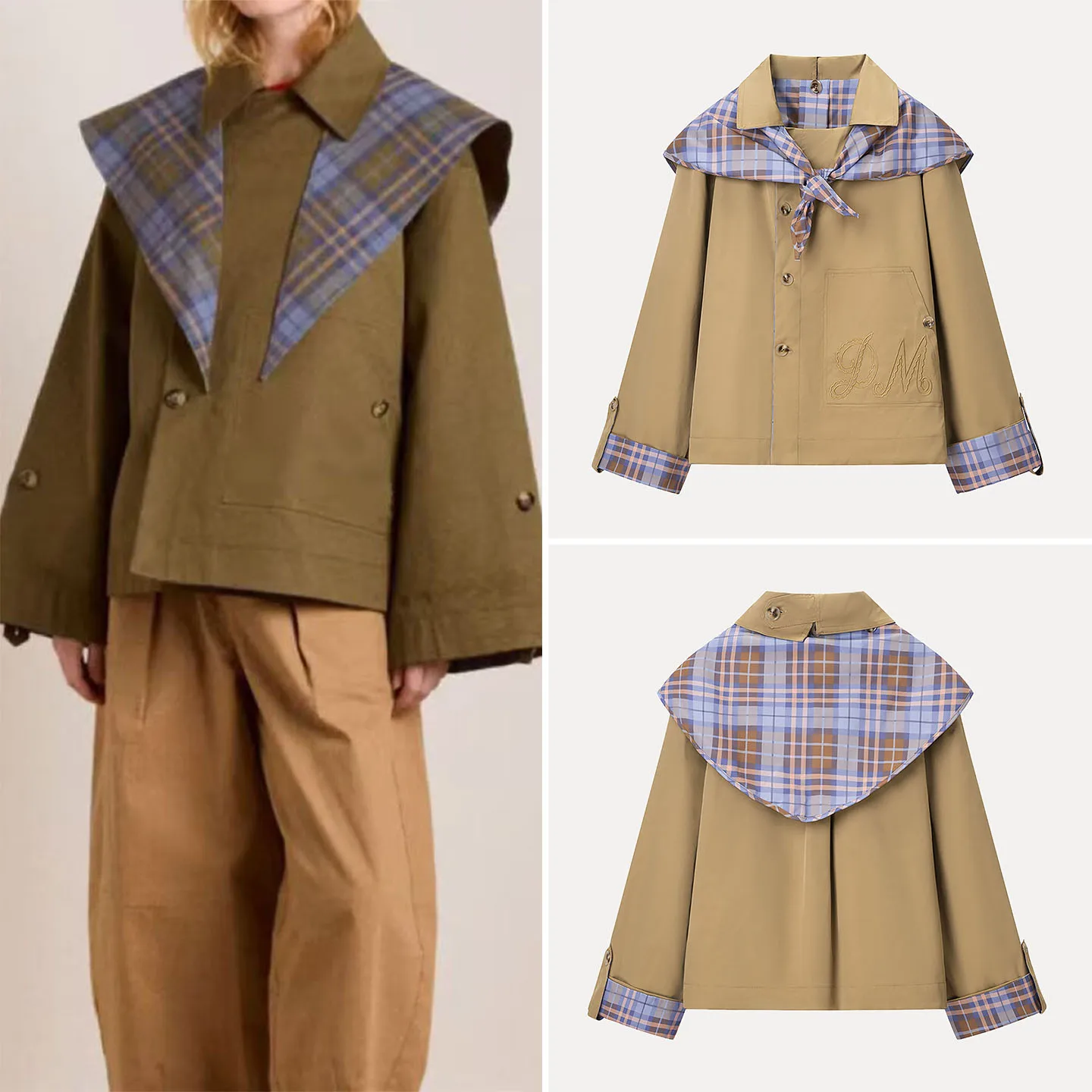 

Double-Sided Wear Plaid Embroidery Jacket 2025 Autumn New Women's Fashion Elegant Personality Women's Style Long Sleeve Coat