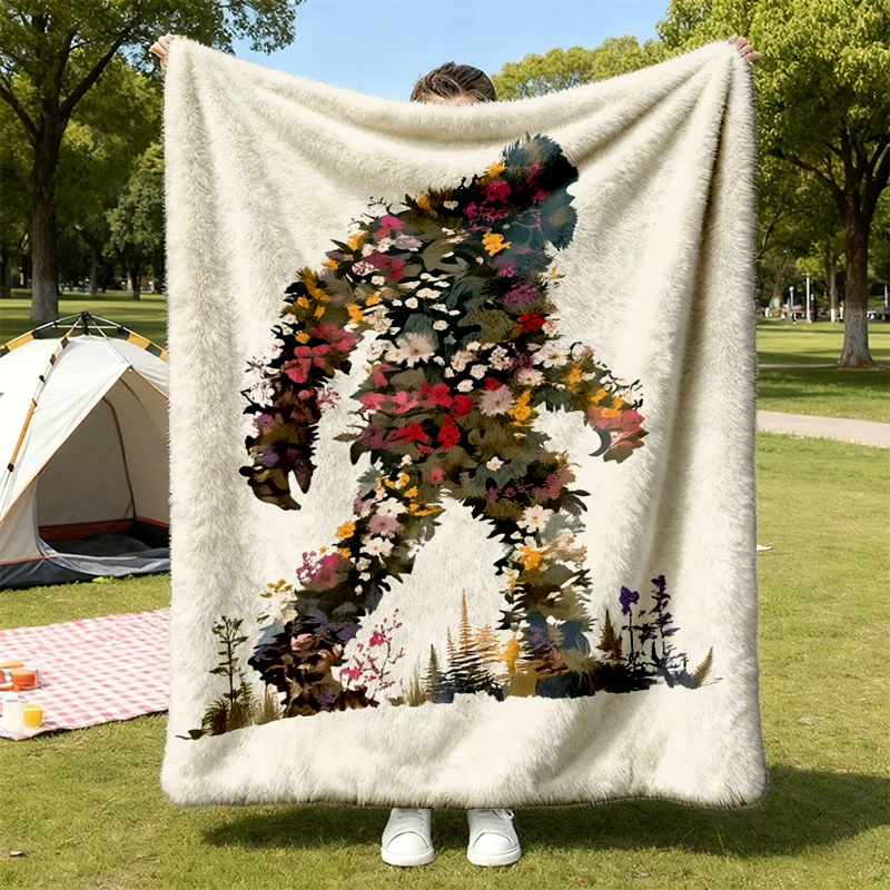 Floral Big Foot Comfy Blanket, Aesthetic Bigfoot Adventure Flannel Blanket, Funny Camping Flannel Throw