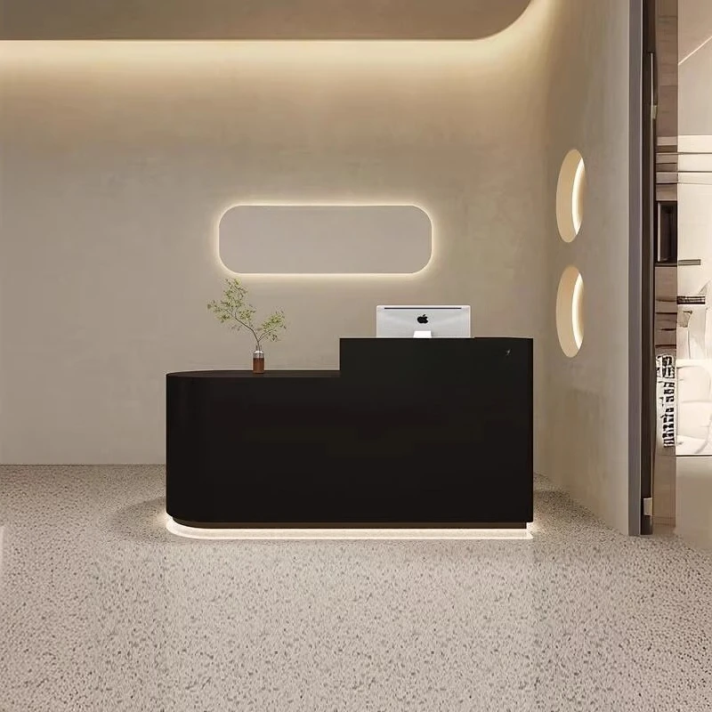 مكاتب الاستقبال ذات أضواء LED الزاوية، تصميم بسيط، مكاتب الاستقبال الجمالية التنفيذية، مكتب الشركة الفاخر، الأثاث العصري