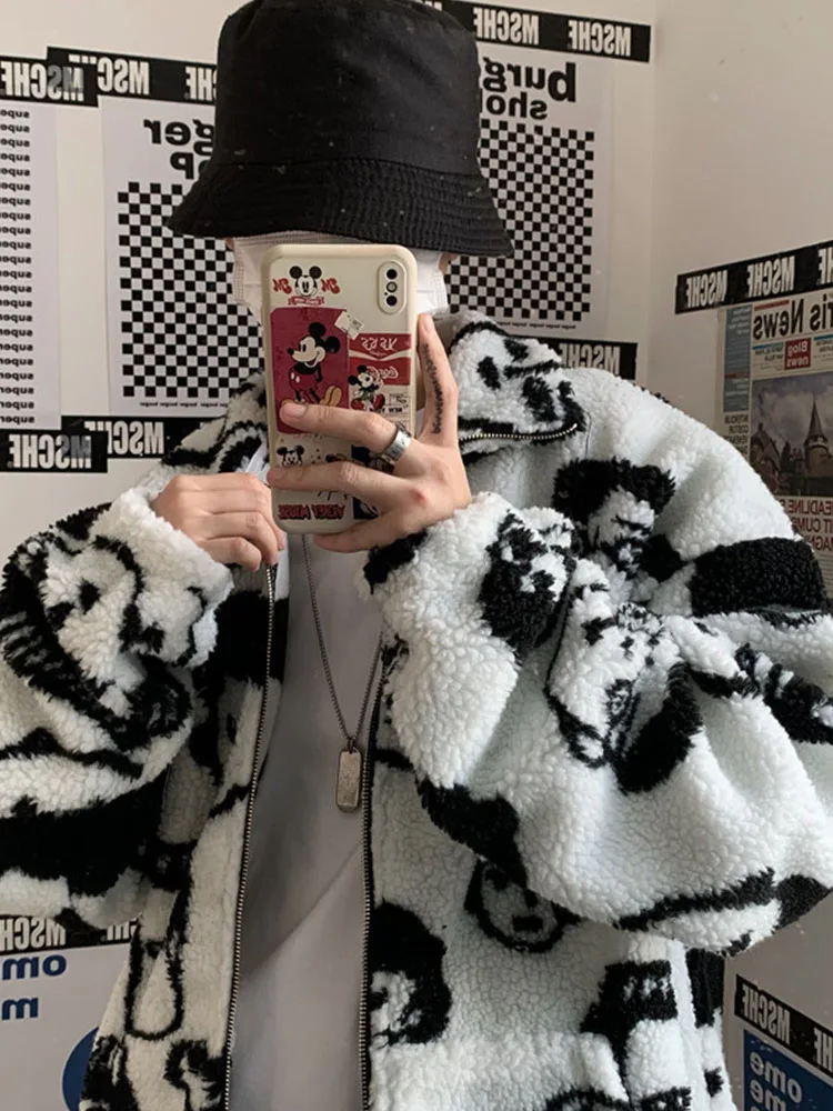 Lambswool Keep Warm Zipper Outerwear Korean Winter New Harajuku Lazy BF Style Coat Cute Cartoons Printing Full Sleeve Jacket