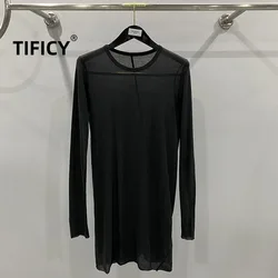 High Street Cotton T-shirts Tops Men's Style | Autumn/Winter Thin Dark Knitted Base Long Sleeve Casual Tshirt TEE Shirt