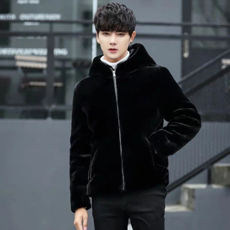 

Trendy Men's New Winter Faux Mink Quilted Cotton Padded Loose Casual Warm Black Fleece Coat