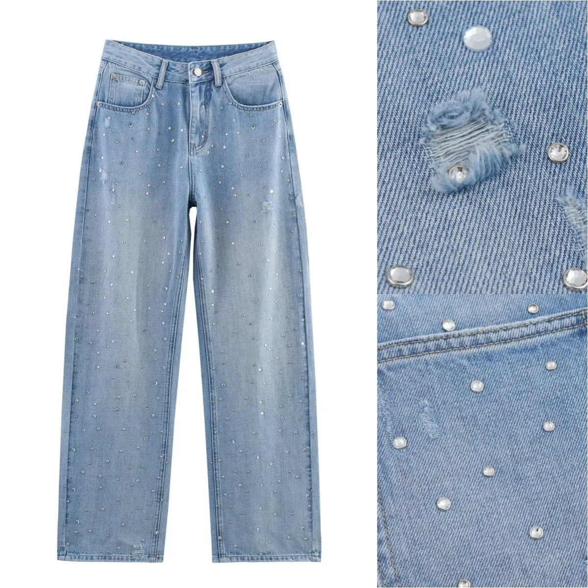 

ETJ 2025 autumn/winter new TRAF women's y2k rhinestone high waist curved denim personality sparkle stage denim trousers