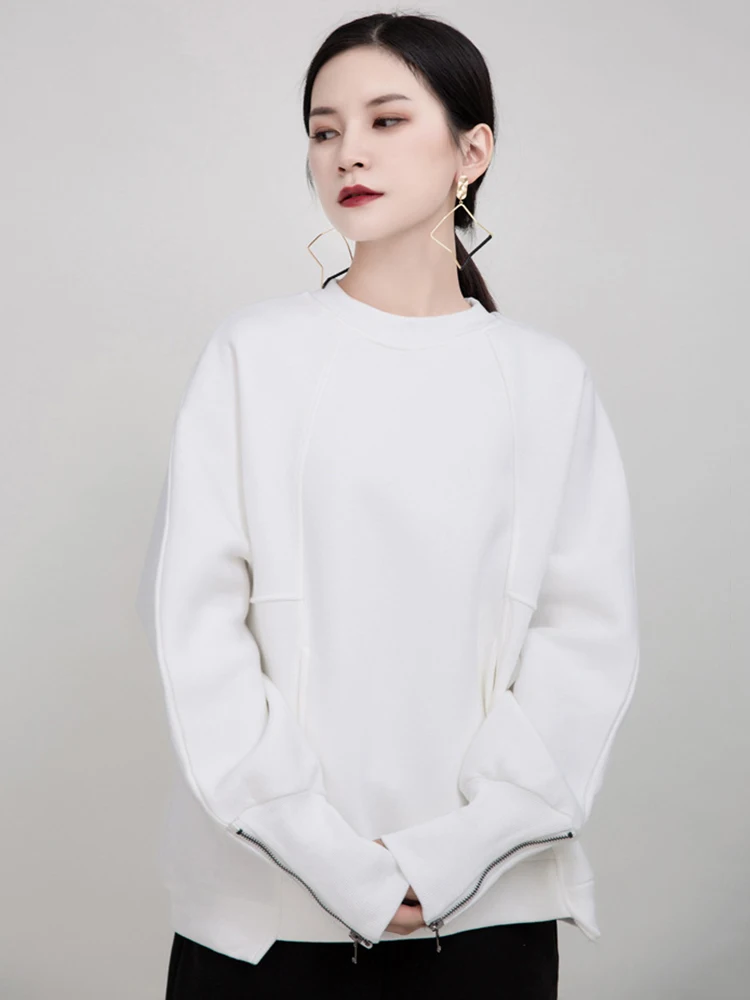 [EAM] Loose Fit White Cuff Zipper Sweatshirt New Round Neck Long Sleeve Women Big Size Fashion Spring Autumn 2024 1DD5133