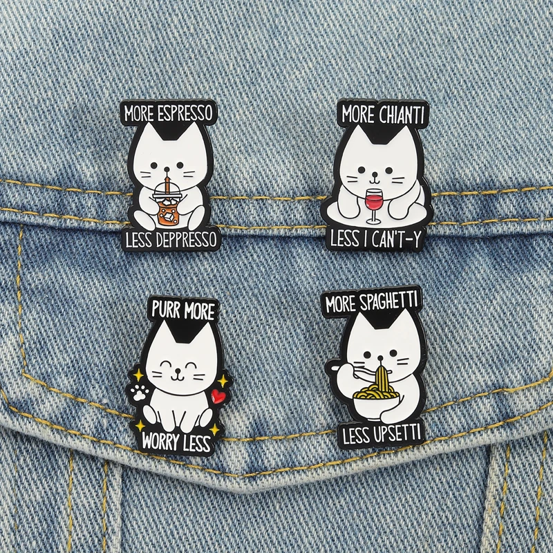 Ramen vino café gatos alfileres esmaltados roncar más preocupaciones menos broches insignias de solapa joyería de animales de dibujos animados regalo para niños amigos