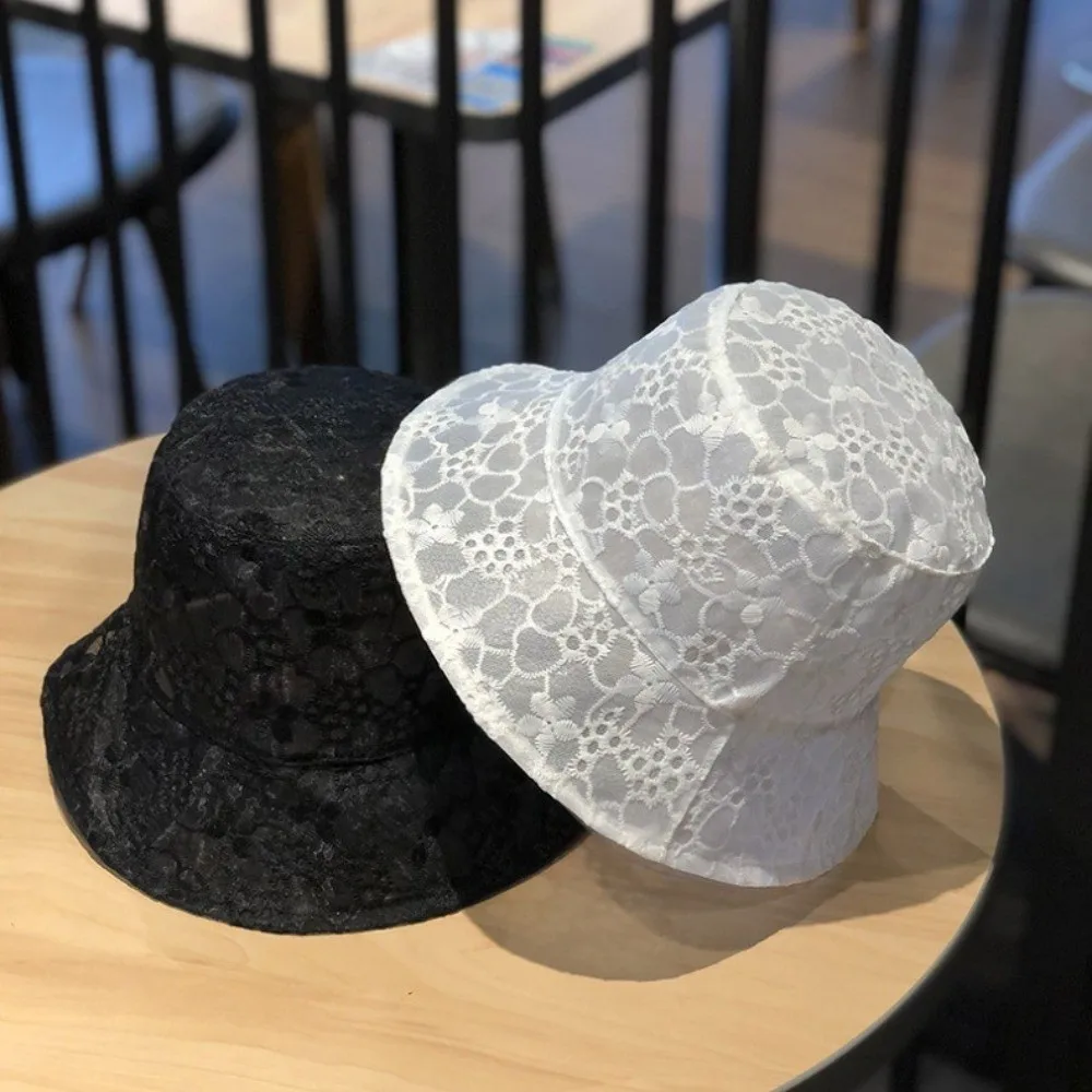 Trendy Lace Fisherman Hat Breathable Wide Brim Bucket Hat Flower Pattern Foldable Mesh Sun Hat