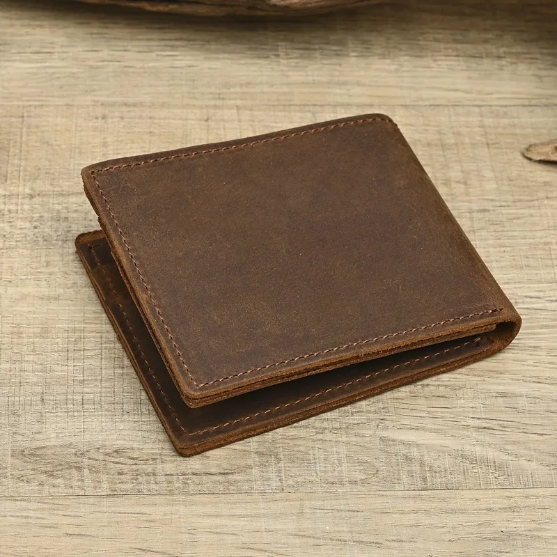 Mens Vintage Crazy Horse Leather Wallet Full Grain Bifold Bill Organizer Genuine Cowhide Dollar Pocket RFID Compact