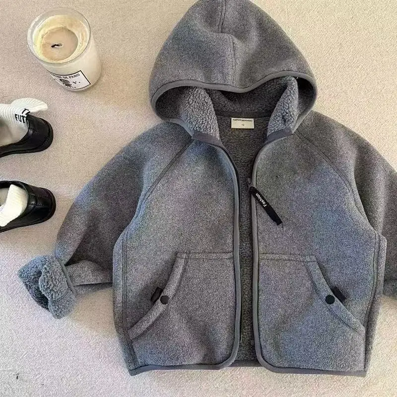 Boys Girls Warm One Piece Fleece Hooded Coat Casual OuterwearTrendy Velvet Liner Kids Hoodie Sweatshirt For