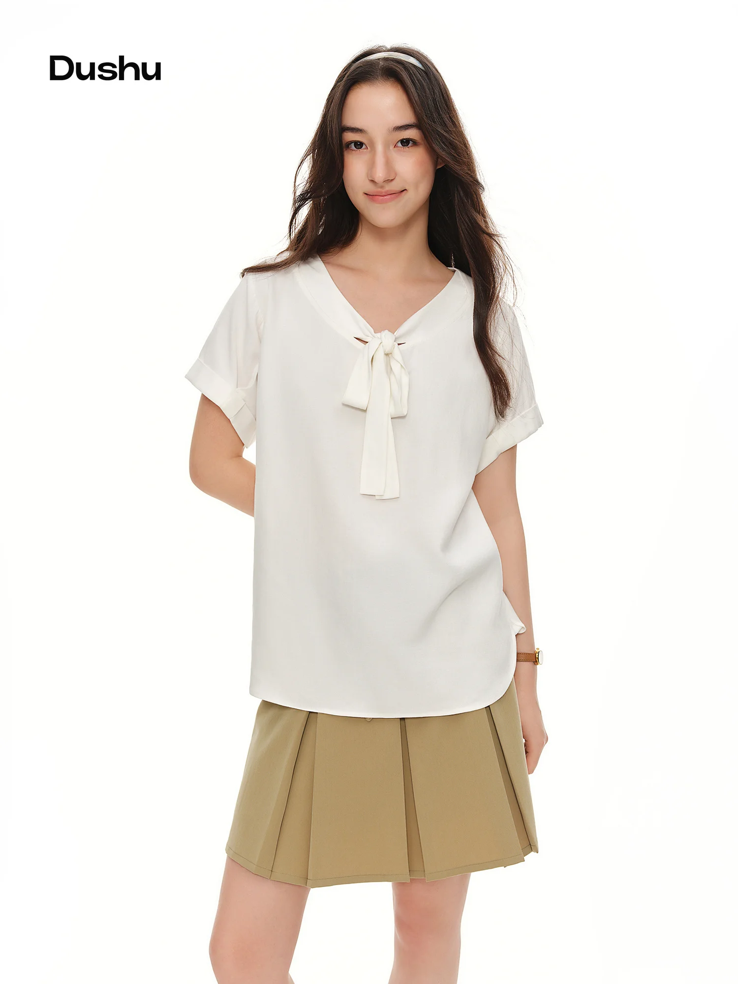 

DUSHU Women V Neck Tie Front Short Sleeve Blouse Loose Fit Reversible Wear Elegant Daily Casual Shirt Summer 2026 New Top