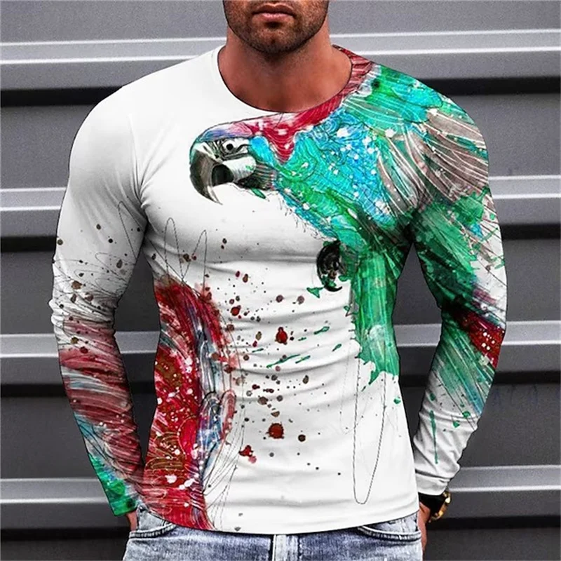 Funny Parrot Pattern T-Shirt For Men Colorful Animal 3D Print T Shirts Summer Casual Long Sleeves Loose Street O-Neck Tops Tees