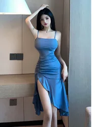 2023 Summer Women's New Sexy Temperament Slim Wooden Ear Edge Split Dress Pleated Wrap Hip Sweet Fashion Fishtail Dress WO3A