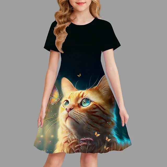 Girls' 3D Graphic Animal Cat Dress Short Sleeve 3D Print Summer Spring Sports & Outdoor Daily Holiday Cute Casual Sweet