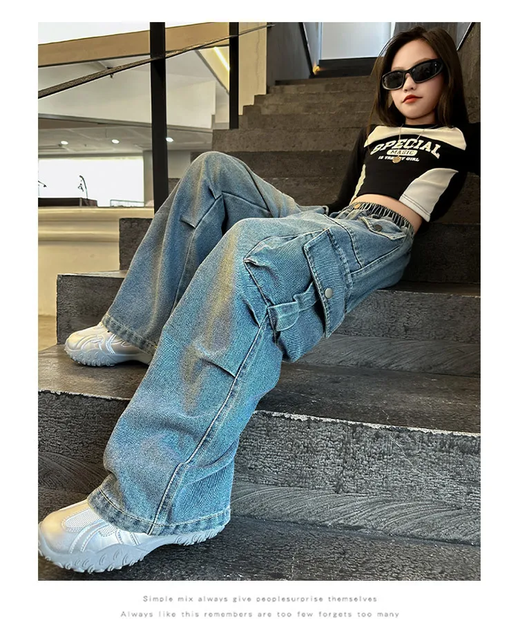 Mädchen Frühling Herbst Weitbein-Jeans 4-14 Jahre Kinder Teenager Elastische Hohe Taille Multi-Taschen Lose Lässige Streetwear-Hosen – Detail 24