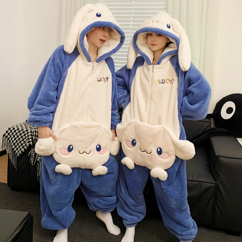 Cute Cartoon Sanrio Kuromi Cinnamoroll Conjoined Couple Pajamas For Men And Women In Winter Plush Home Clothing