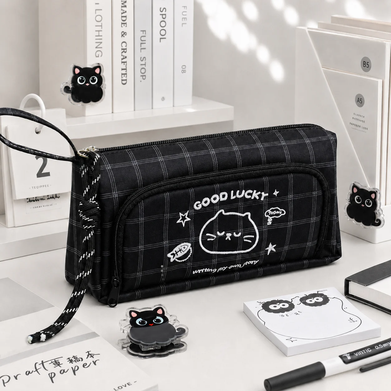 Plaid Pencil Case Large Capacity Multi Compartment Pen Bag with Front Pocket Pen Slots Wrist Strap Cute Stationery Organizer for