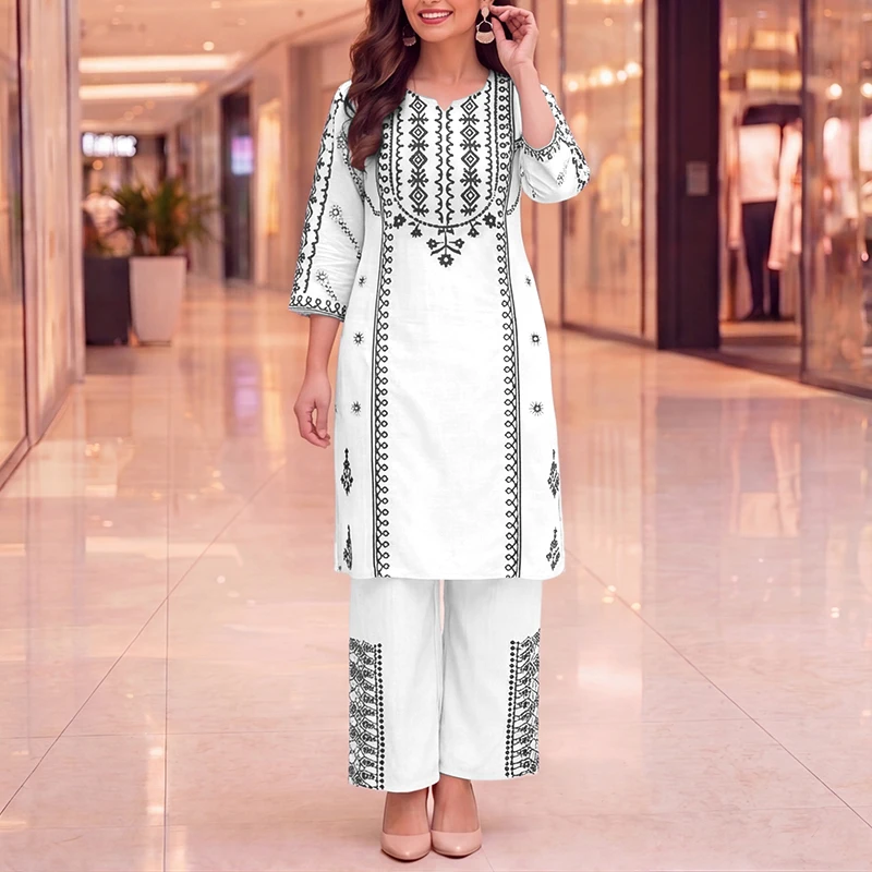 Two Piece Muslim Sets ZANZEA Women Sets Elegant Outfits 3/4 Sleeve Round Neck Print Vacation Tunic Wide Leg Pants Suts