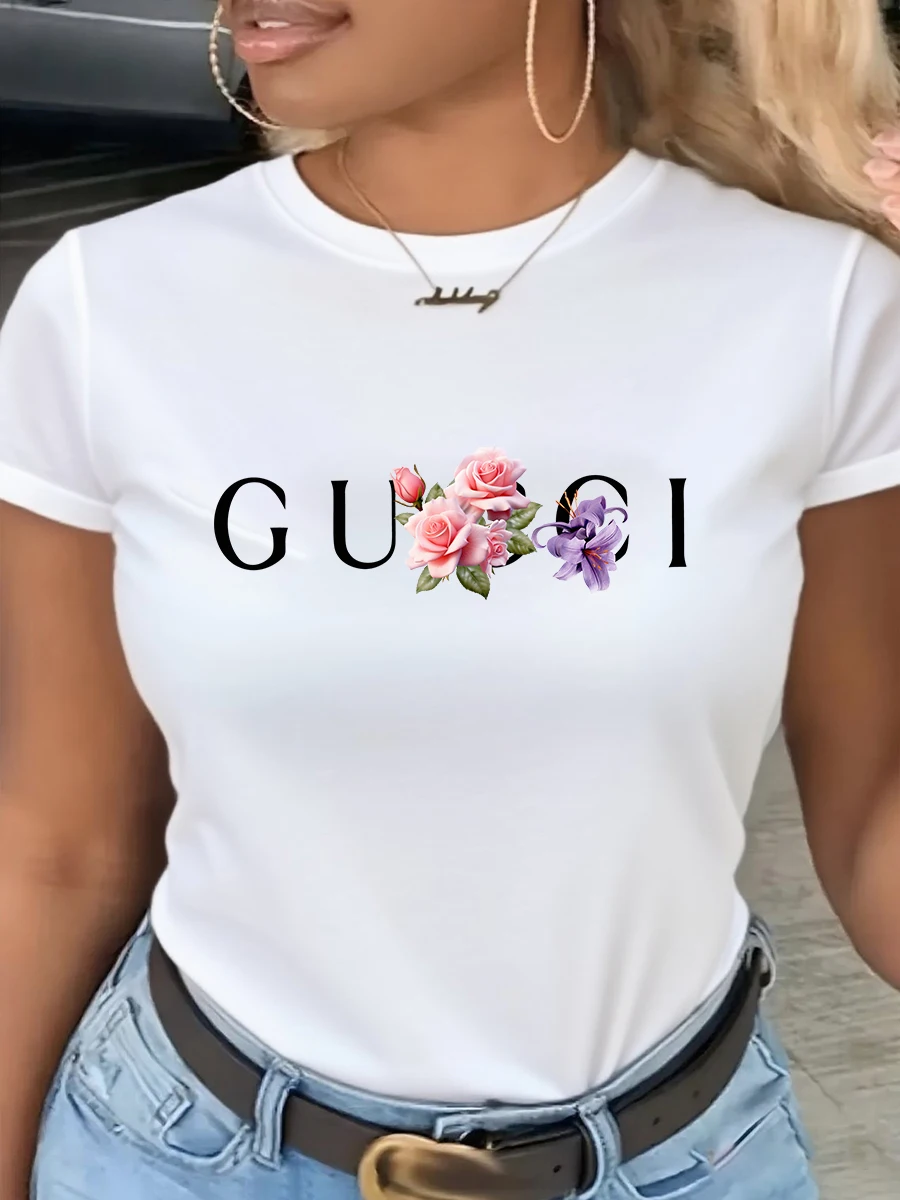 تي شيرت نسائي قطن 100% عالي الجودة مطبوع عليه حروف يومية بلوزة علوية صيفية كلاسيكية بأكمام قصيرة للسيدات #2