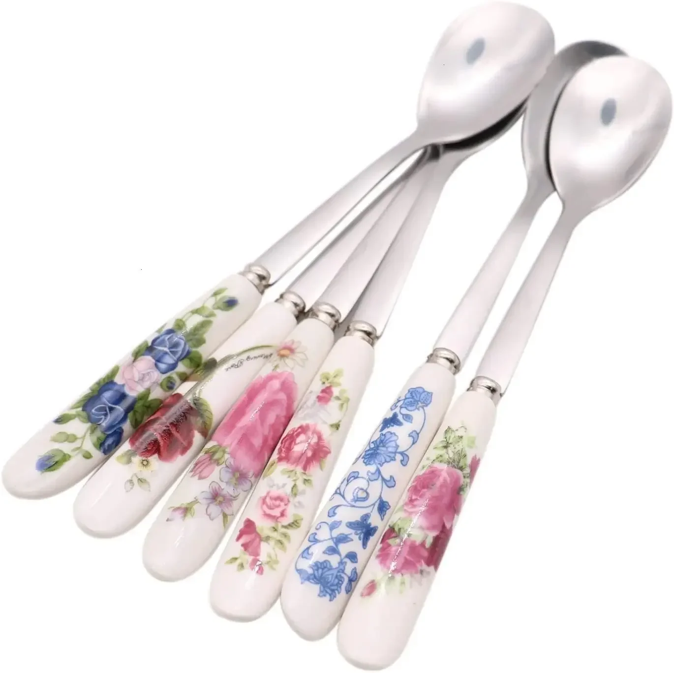 6Pcs/Set Stainless Steel Ceramic Handle Tea Spoon Creative Coffee Spoon Honey Dessert Ice Cream Spoon Small Teaspoon 18*2.5cm