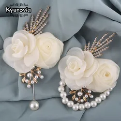 Elegant Ivory Crystal Rose Boutonniere Bridal Wrist Flower Cocktail Prom Corsage Set Wedding Essential for Lapel or Wrist
