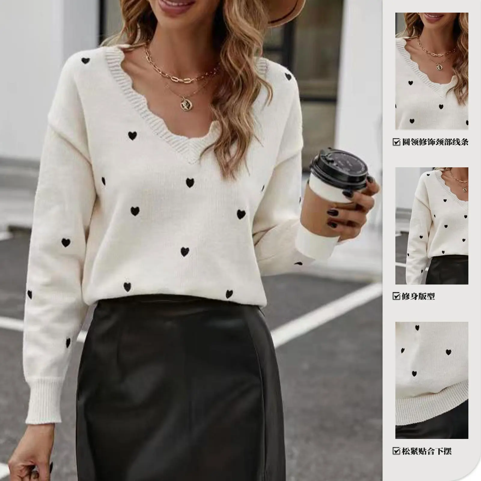 Ruffle Women's V-neck Long Sleeve Heart Jacquard Loose Trendy Fashion Classic Cozy Warm Soft Chic Y2k Cute Pullover Sweater