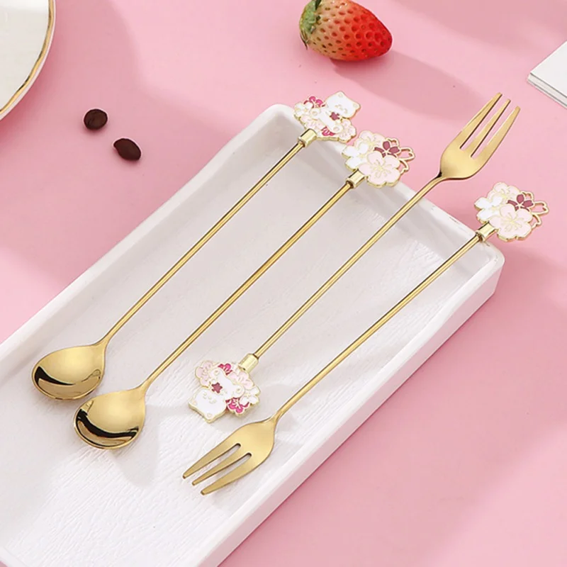 Multi-Style Combination Stainless Steel Fork And Spoon Cute Starry Cat Gold-Plated Coffee Stirring Spoon Fruit Dessert Cutlery