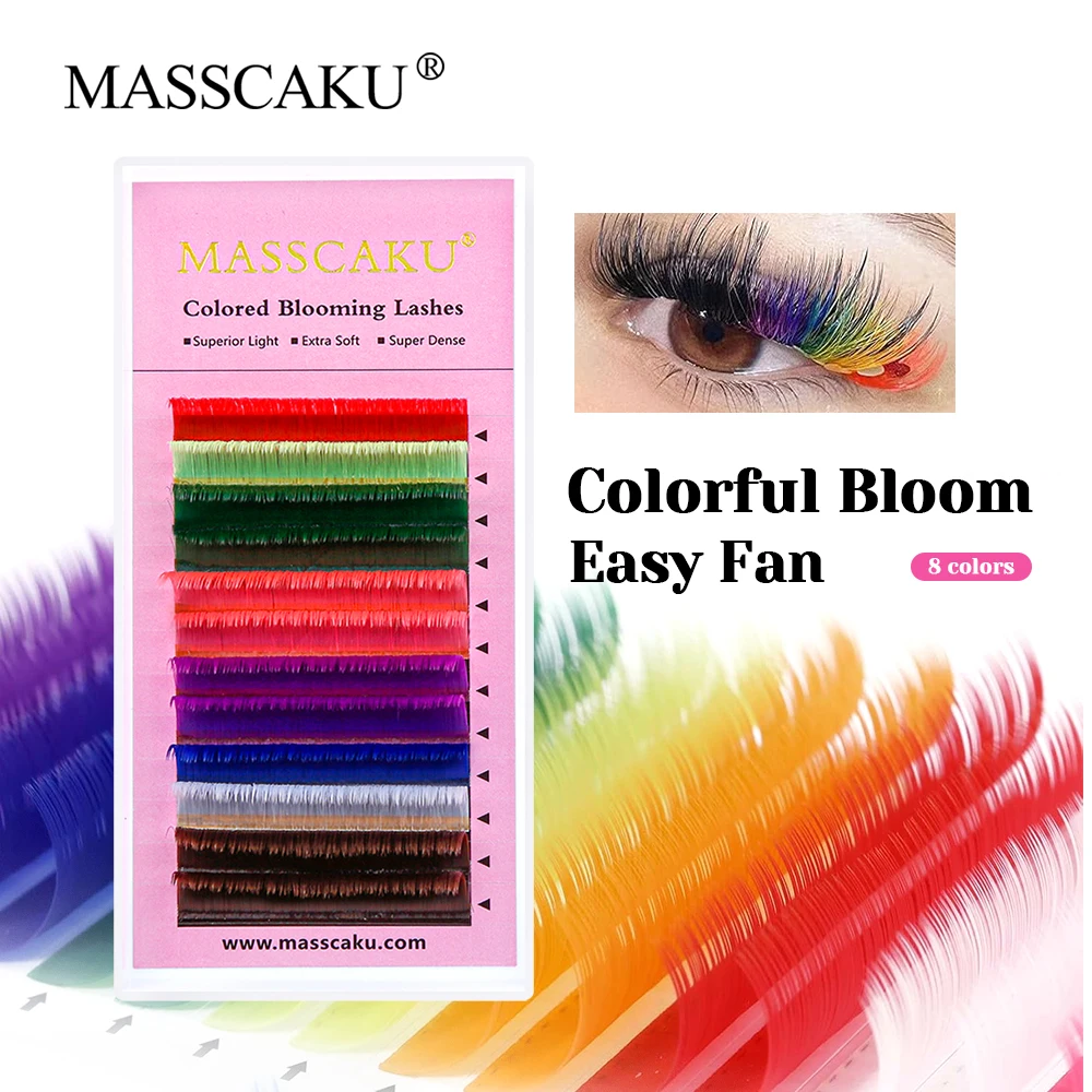 MASSCAKU Hot Selling Premium Velvet Fiber Colorful Auto Blooming Eyelash C D Curl Colored Easy Fanning Lashes without Scattering