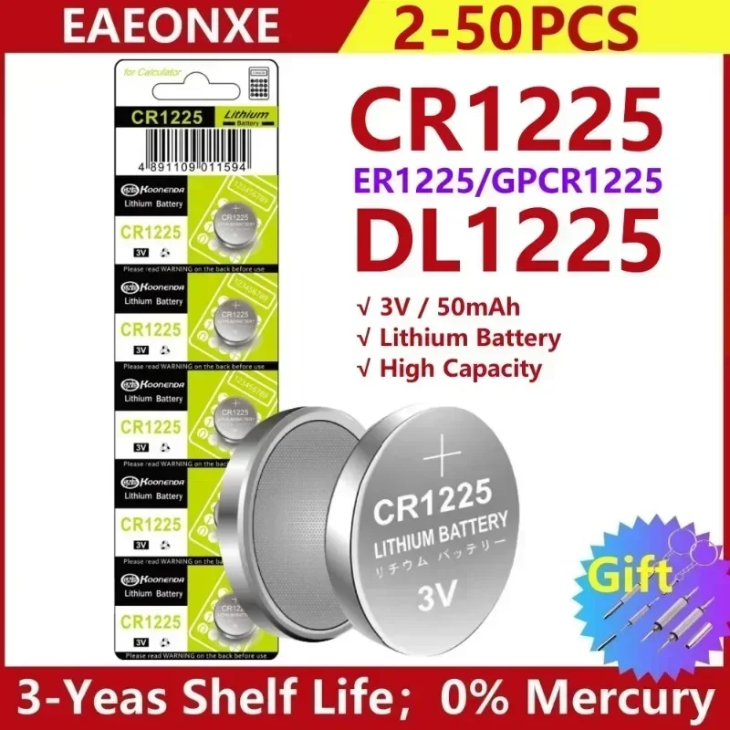 

2-50pcs 3v Lithium Battery CR1225 DL1225 BR1225 KL1225 L1225 ECR1225 Bulk Compatible with KCR1225 for calculator Watch Car key