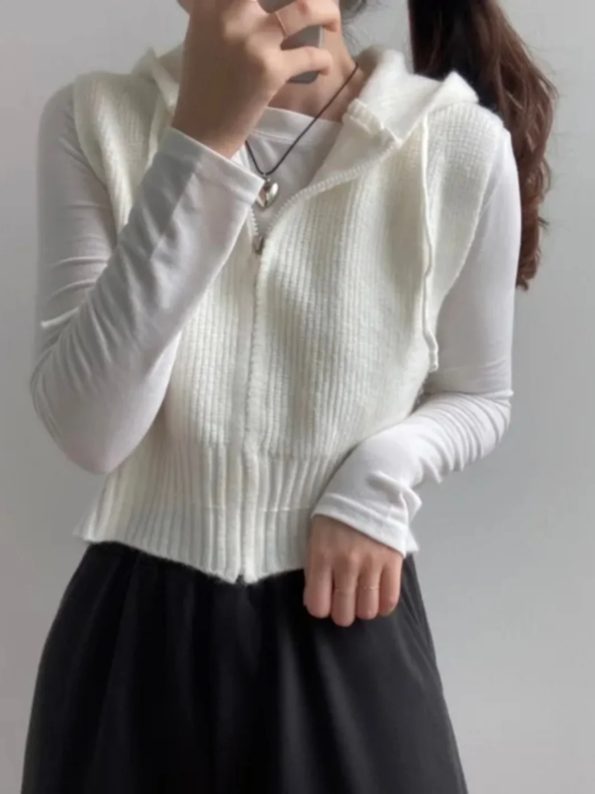 

Chic Hooded Svel Double Zipper Dstring Women's Knitwear Jaet Casual Trendy Design Comfortable Loose Top