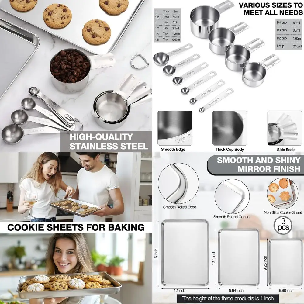

Premium 13-Piece Baking Set: 3 Sizes (9, 12, 16) Pans, 4 Cups, 6 Spoons - Non-Stick, Durable, Easy to Clean