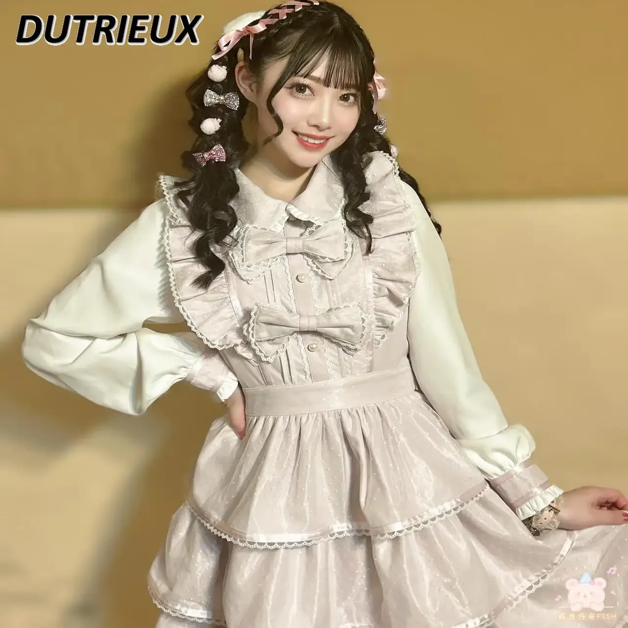 

2025 New Spring Autumn Women's Elegant Dresses Japanese Lolita Style Lace Splicing Mass-produced Long Sleeve Dress Femme