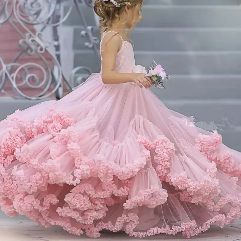 Vestidos de flores rosas formales para niños, faldas escalonadas, vestidos de desfile para niños pequeños, vestidos de tul con cuentas, ropa de primera comunión