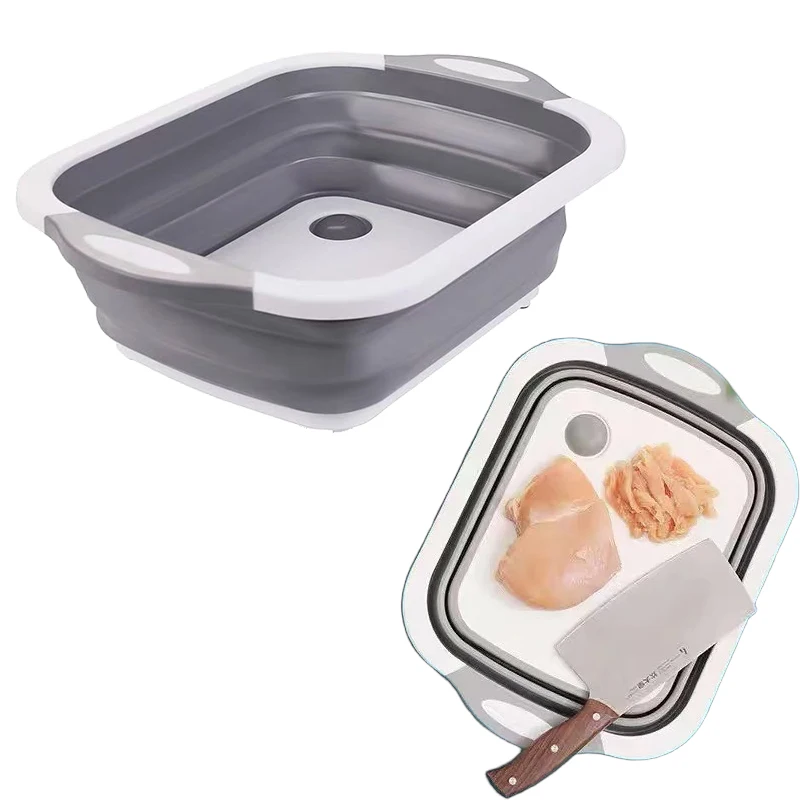 2-in-1 zusammenklappbares Waschbecken, integriertes Waschbecken, Kunststoff-Schneidebrett, Waschbecken-Eimer für Outdoor, Haushalt, Reisen, Camping, Reisen, Picknick