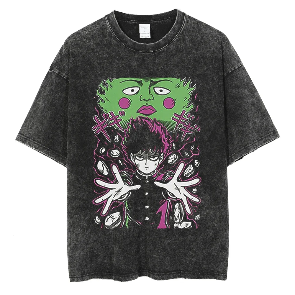 2026 summer Mob Psycho 100 Shigeo & Dimple Washed Anime T-shirt Harajuku Streetwear Oversized Short Sleeve Tee