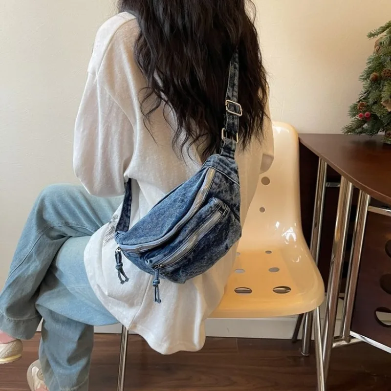 Women's Vintage Washed Denim Bag  Multi-Pockets, Adjustable Strap Crossbody Fanny Pack for Daily Errands and Outdoor Activities