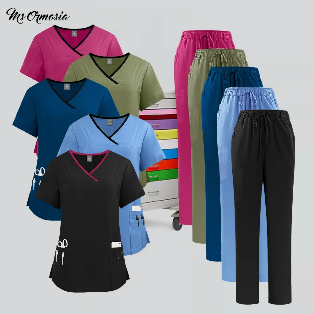 

New Medical Nurse Uniform Elatic Soft Scrub Top Pants Woman Man Dental Vet Hospital Workwear Pet Clinic Doctor Uniform Scrub Set