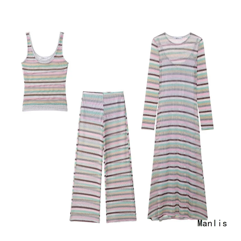 Nuovo abito con pantaloni lunghi con top a righe metallizzate in stile europeo e americano