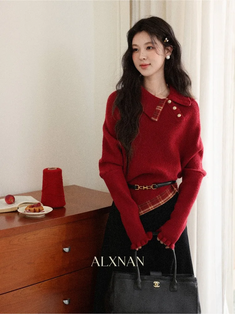 

ALXNAN женский свитер в корейском стиле, зимний теплый красный пуловер нестандартной формы с длинными рукавами, элегантный винтажный вязаный топ в клетку с вставками L59515