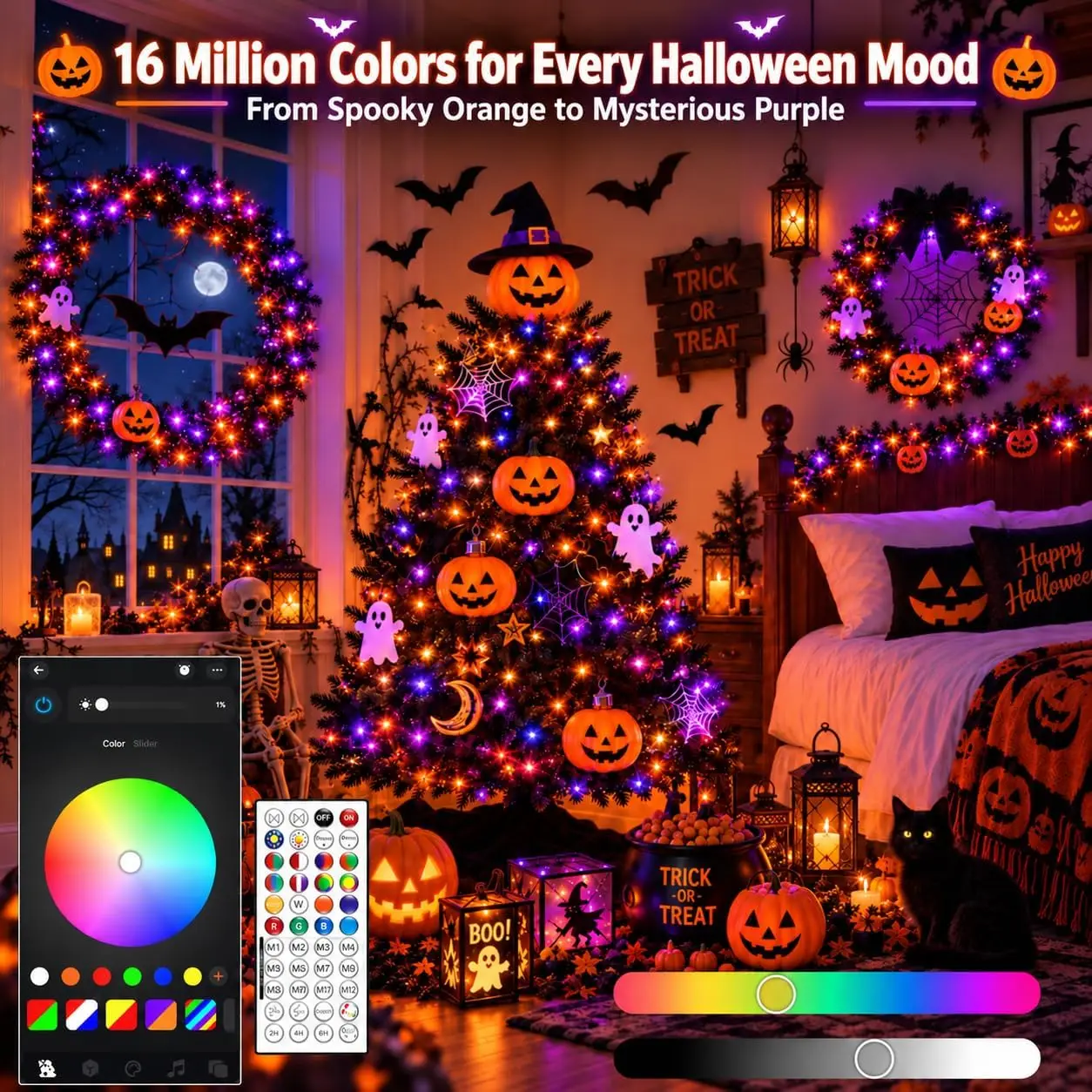 Smart RGB Color Changing Halloween String Lights, 400 LED, 144 ft, App and Remote Control