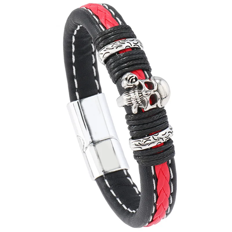 

Leather Cord Bracelet Alloy Skull Leather Braided Bracelet Bangles Red Black Men'S Magnet Clasp Jewelry