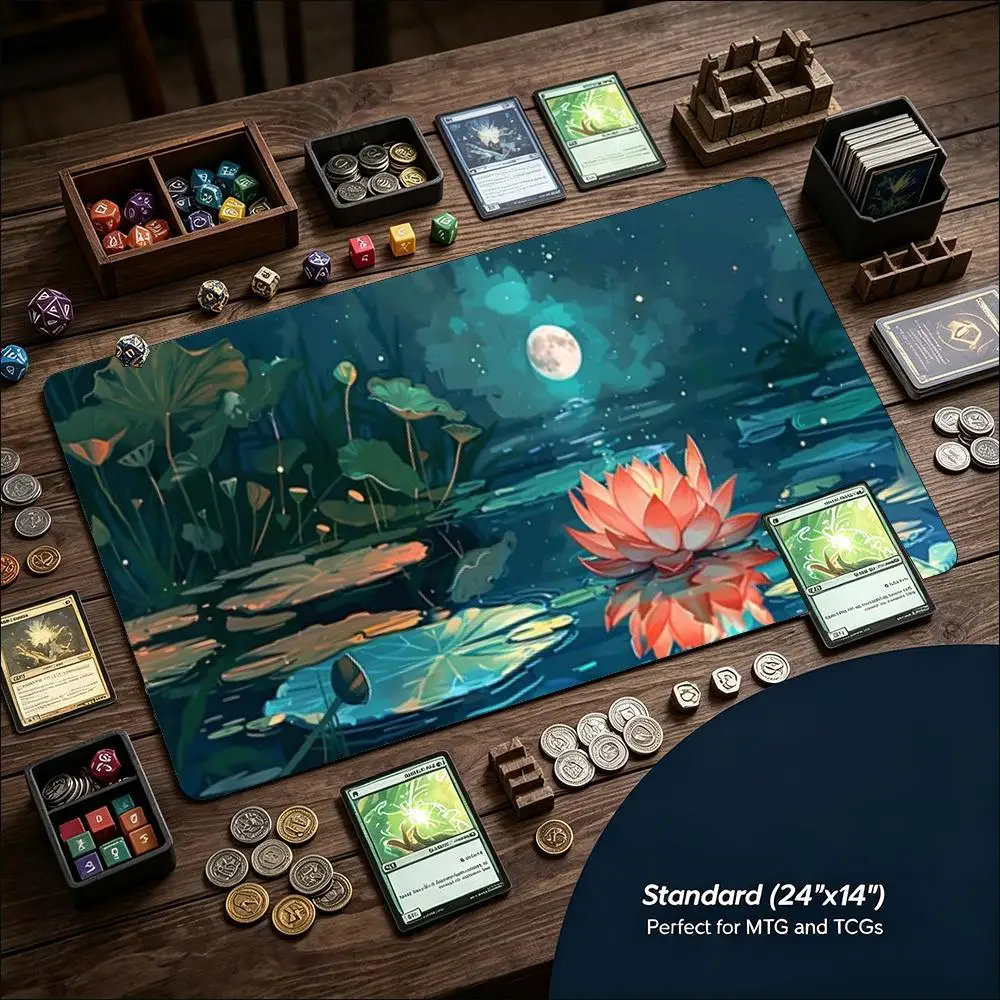 Moonlight Lotus Pond Game Playmat Large Desk Mat Non Slip Rubber Table Mat For Card Game Office Laptop Gaming Desktop Decor